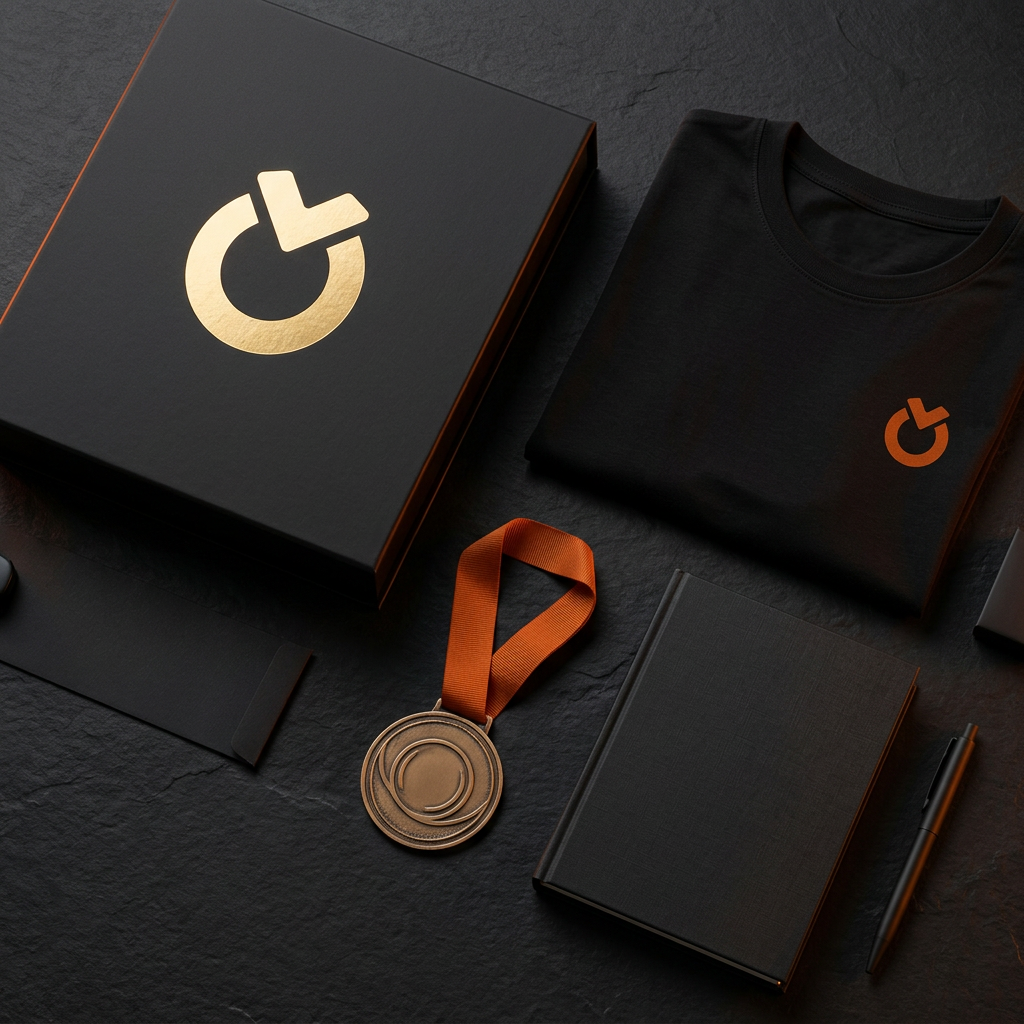 Kit Medalhei Premium: caixa preta com logo dourado, apostilas impressas, camiseta, medalha de bronze, caderno olímpico e cartão de boas-vindas